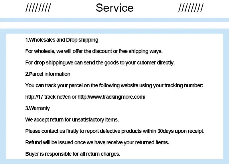 Service information panel detailing wholesale and drop shipping, parcel tracking, warranty and returns policies.