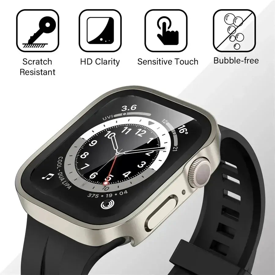Simples Market Apple Watch tempered glass screen protector with PC bumper; fits 40–46mm, Series 4–9 and SE