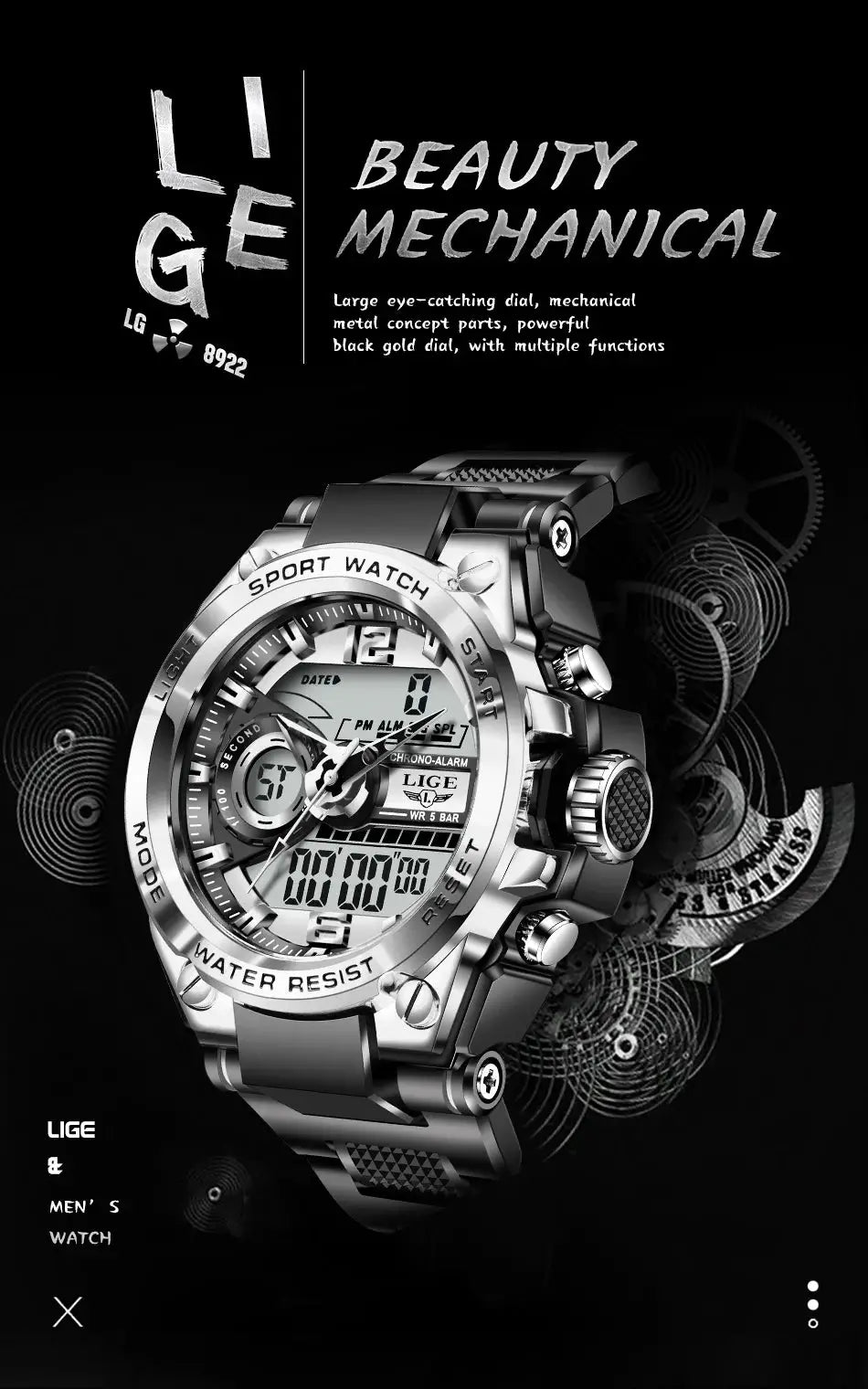 LIGE men's digital sport watch, silver stainless steel, 50m water resistant with LED display