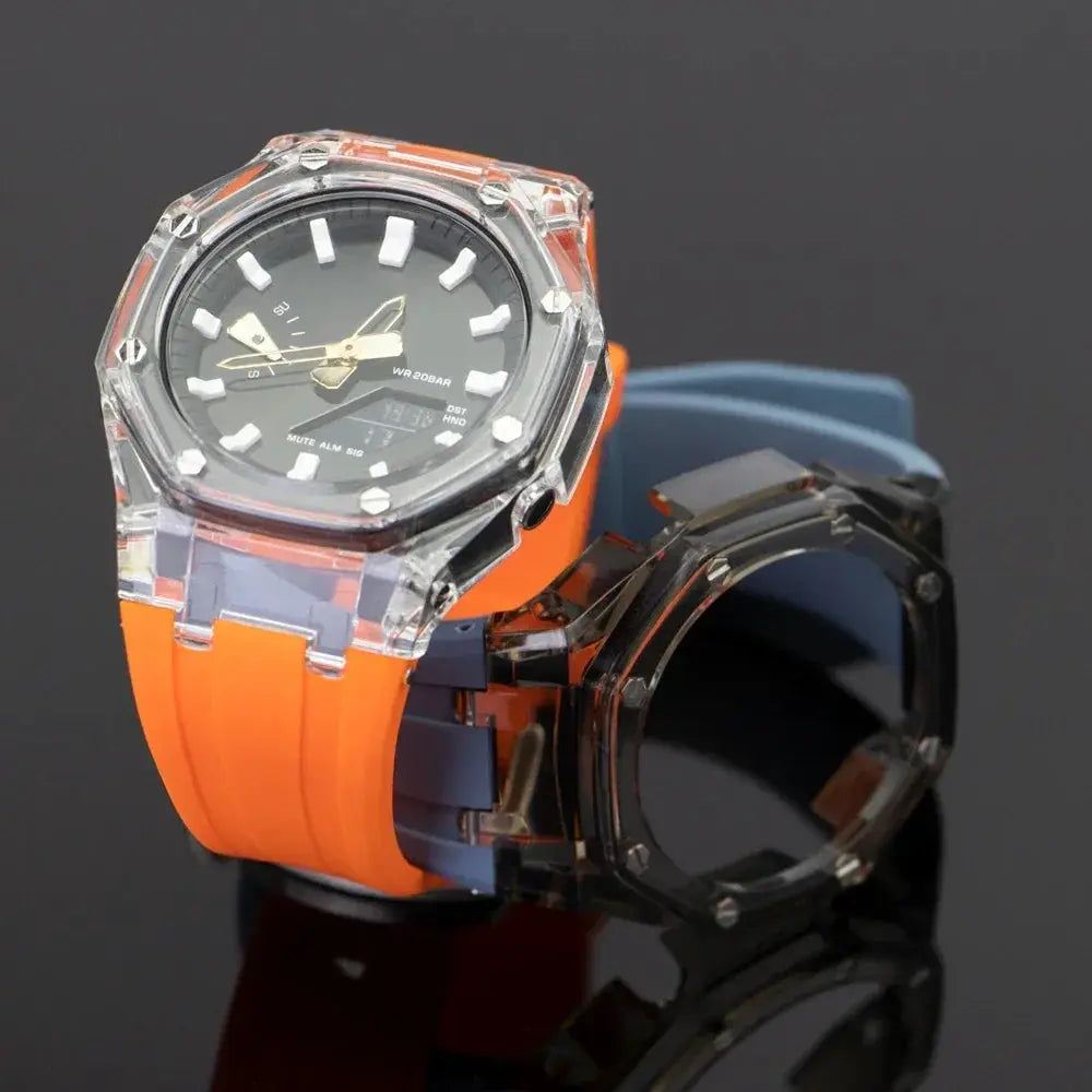 Transparent mod kit for Casioak GA2100 watch with clear PC case and two straps (orange and blue)