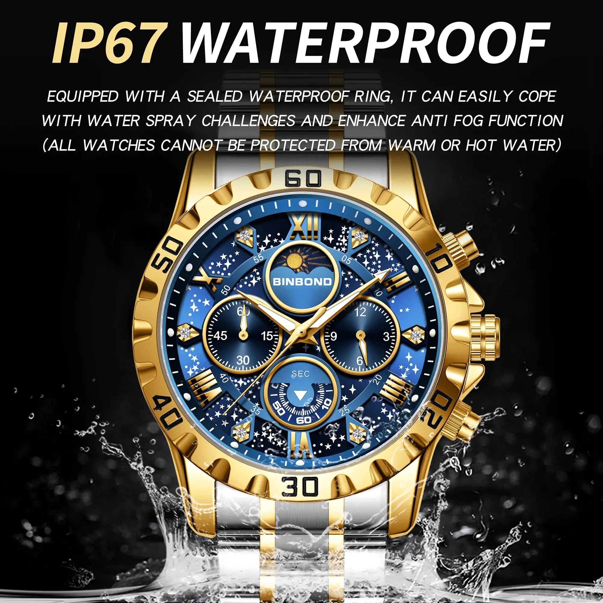 BINBOND men's luxury quartz chronograph watch with gold-tone stainless steel bracelet and blue dial