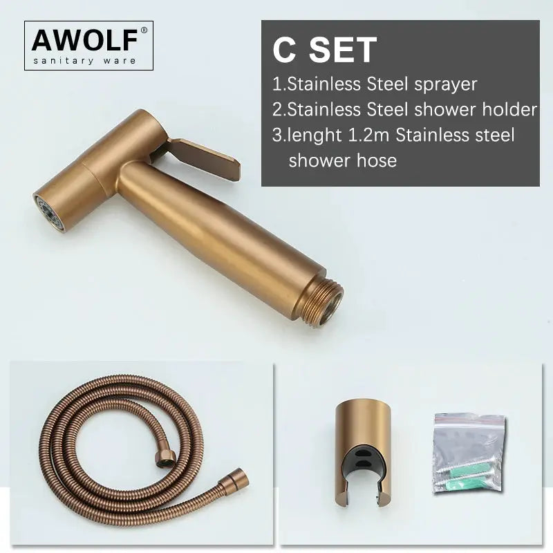 Handheld bidet sprayer set in brushed rose gold stainless steel with hose and wall holder; 3-piece kit (AWOLF logo)