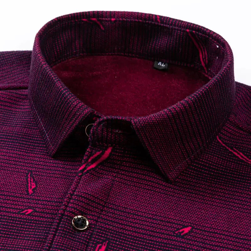 Men's burgundy fleece-lined long-sleeve shirt with button placket and collar