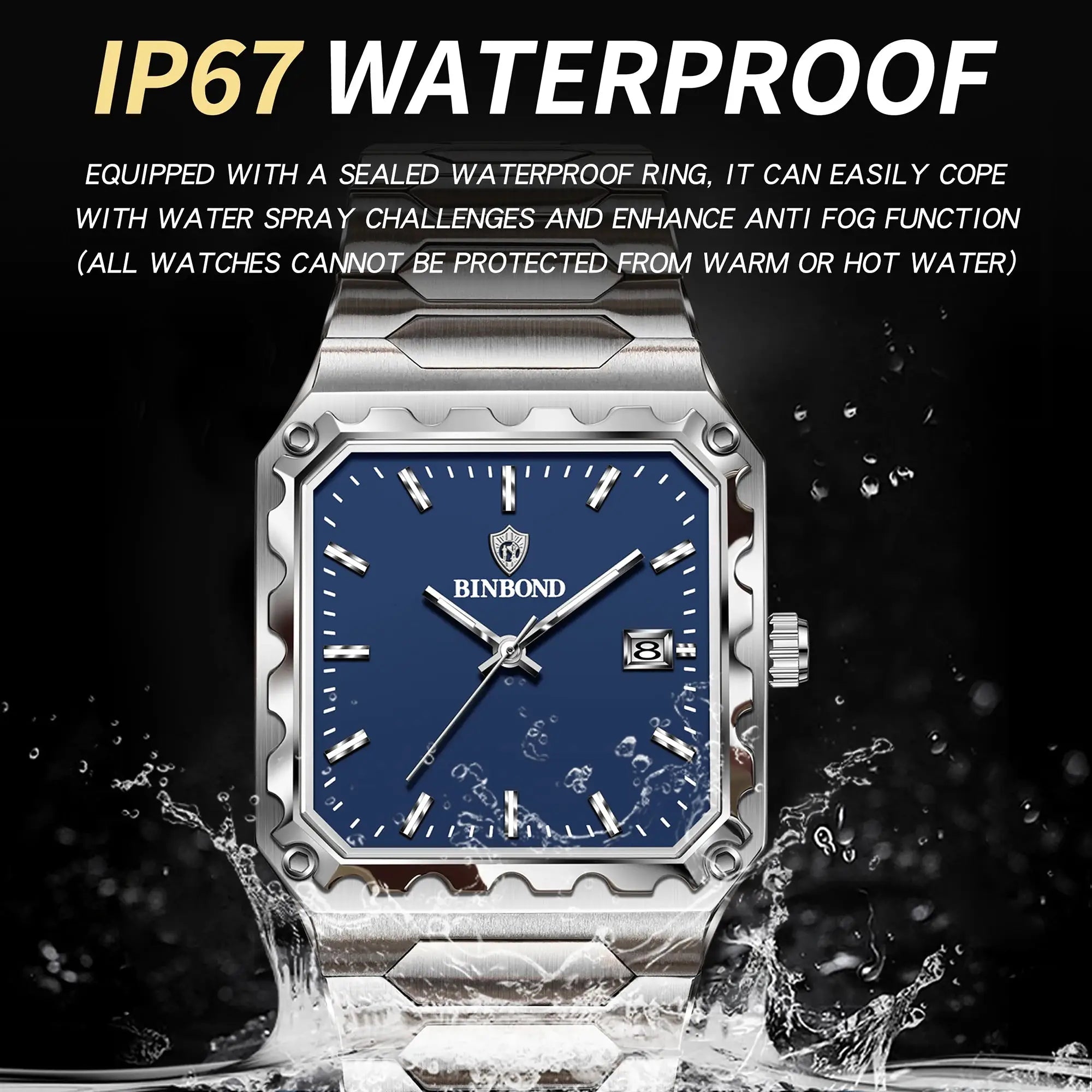 Binbond stainless steel men's quartz wristwatch, blue dial, date window, luminous hands, IP67 waterproof