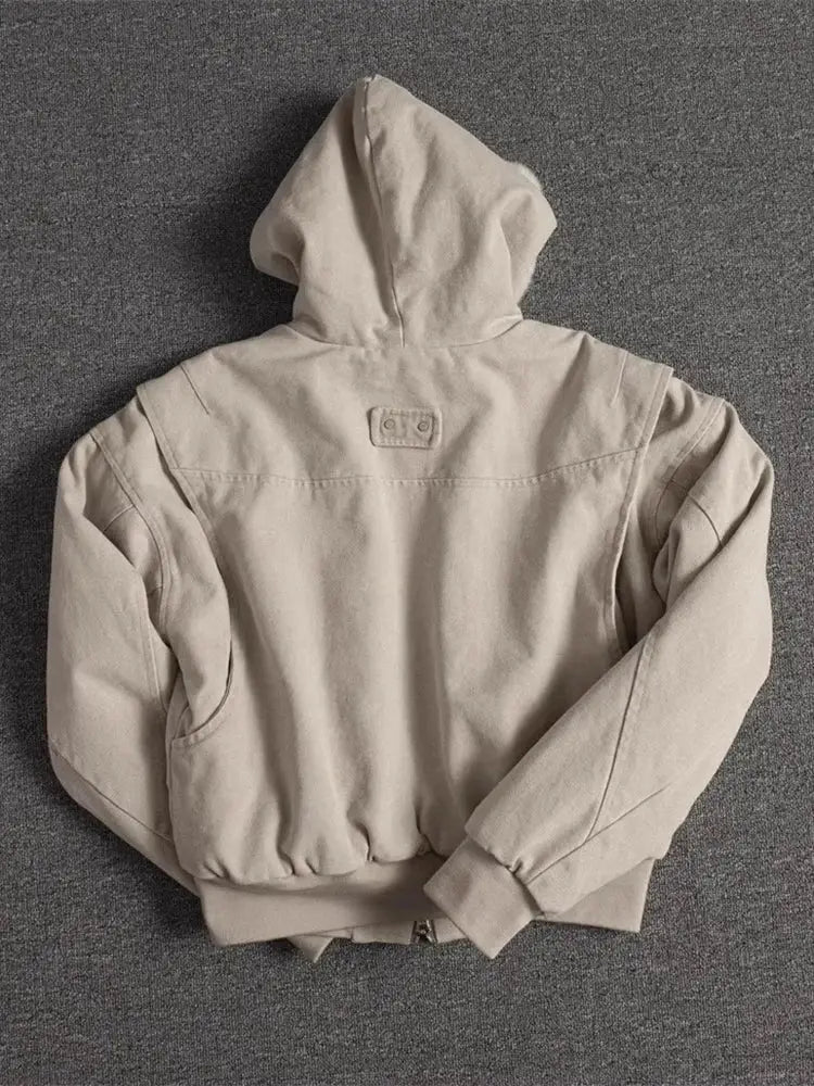 Mauroicardi beige canvas padded jacket with hood, oversized fit, ribbed cuffs and hem, back view