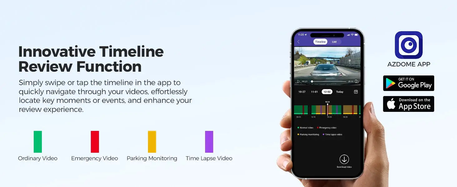 AZDOME dash cam GS63H 4K car camera with built-in GPS and Wi‑Fi, shown with a smartphone app timeline feature.