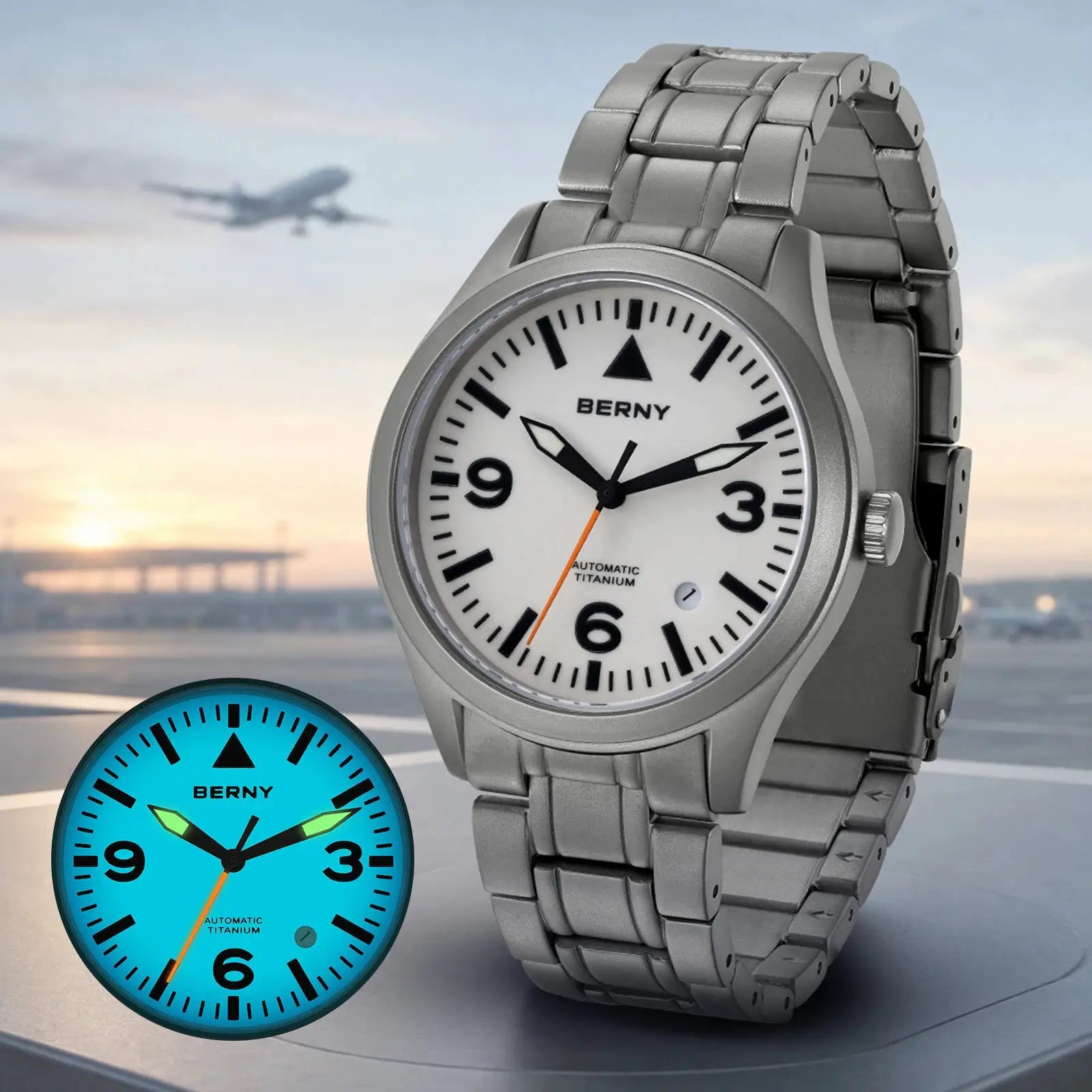 BERNY aviation titanium mechanical men's watch with white dial and titanium bracelet