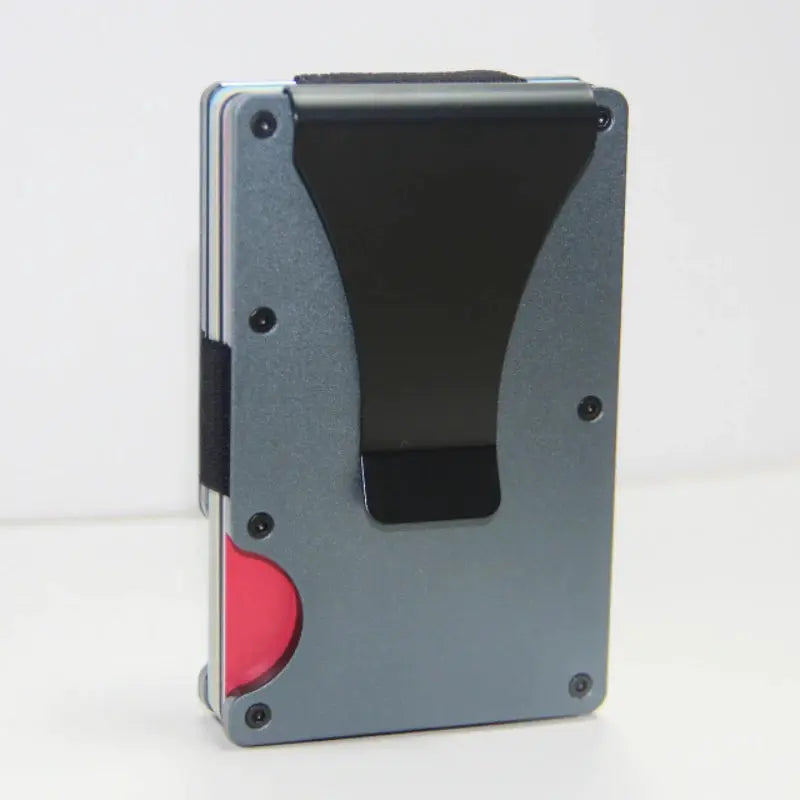 Minimalist RFID-blocking aluminum wallet with black finish and money clip; lightweight and compact