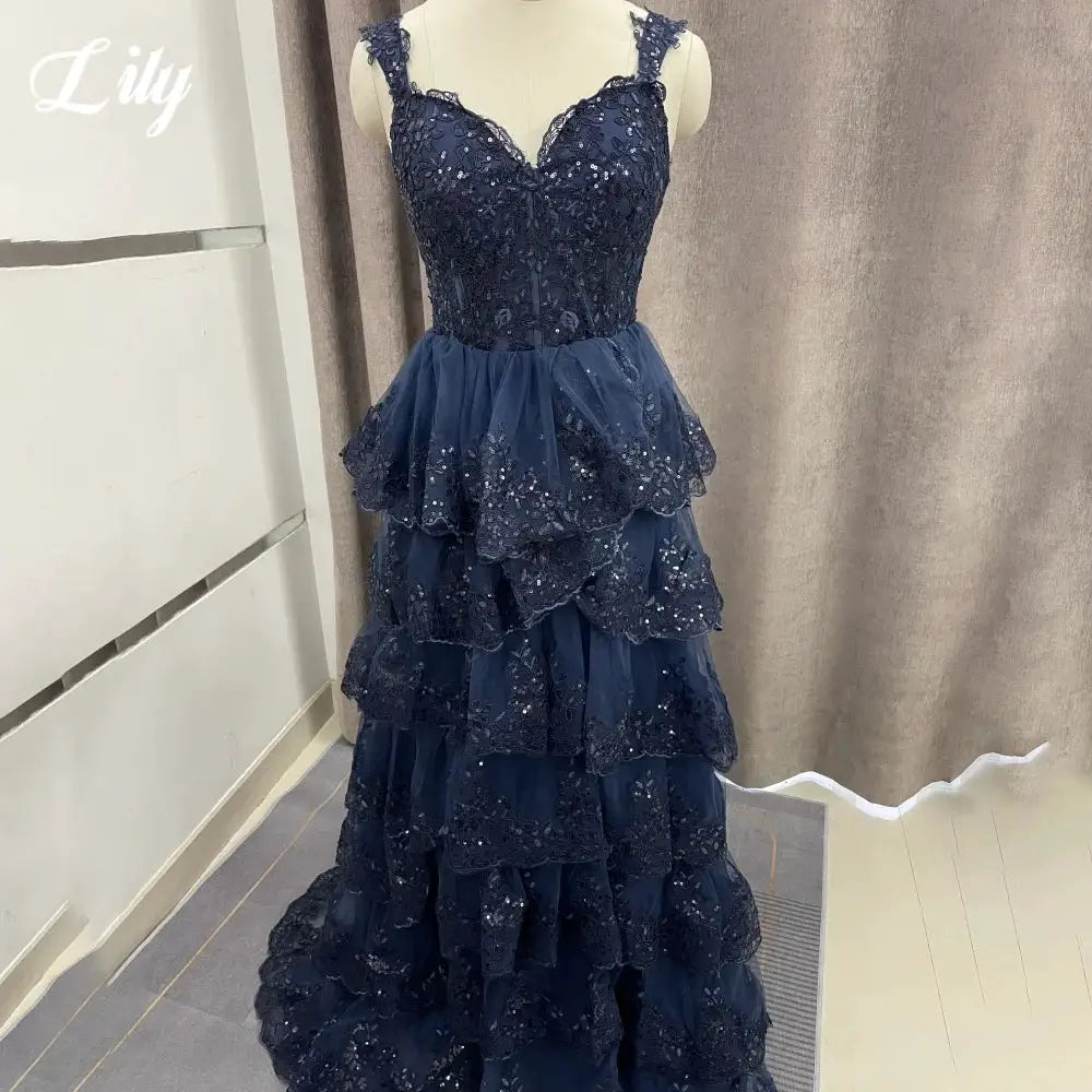 Lily Navy Blue Sweetheart A Line Dress Tiered Pleats Spaghetti Strap