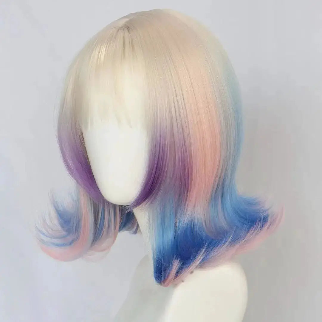 Enid Sinclair cosplay wig with pastel gradient (cream, pink, purple, blue), mid-length bob for women