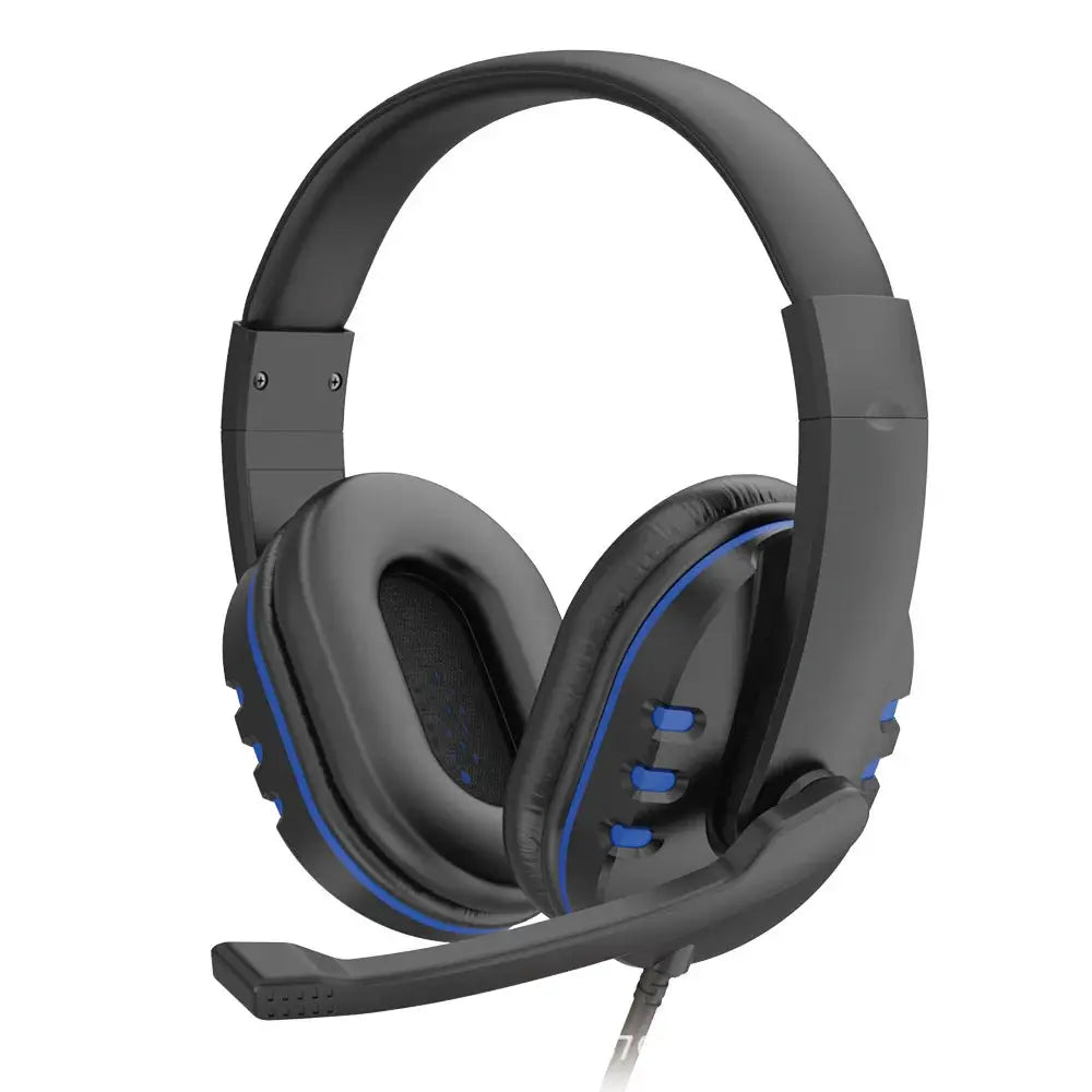 Wired gaming headset by Simples Market, black with blue accents, over-ear cushions, boom mic