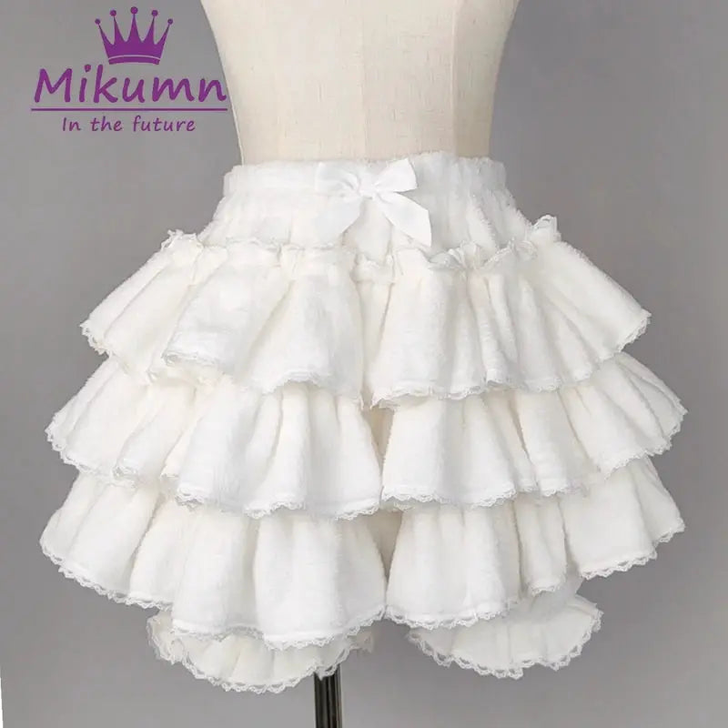 White tiered ruffle skirt with bow at waist, Harajuku Lolita lantern style
