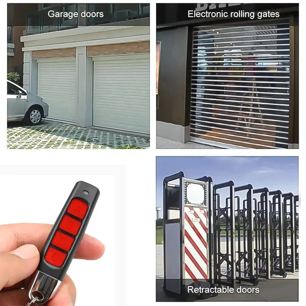 Simples Market 433MHz garage remote; black with red buttons; four-image collage of garage doors and retractable gates.