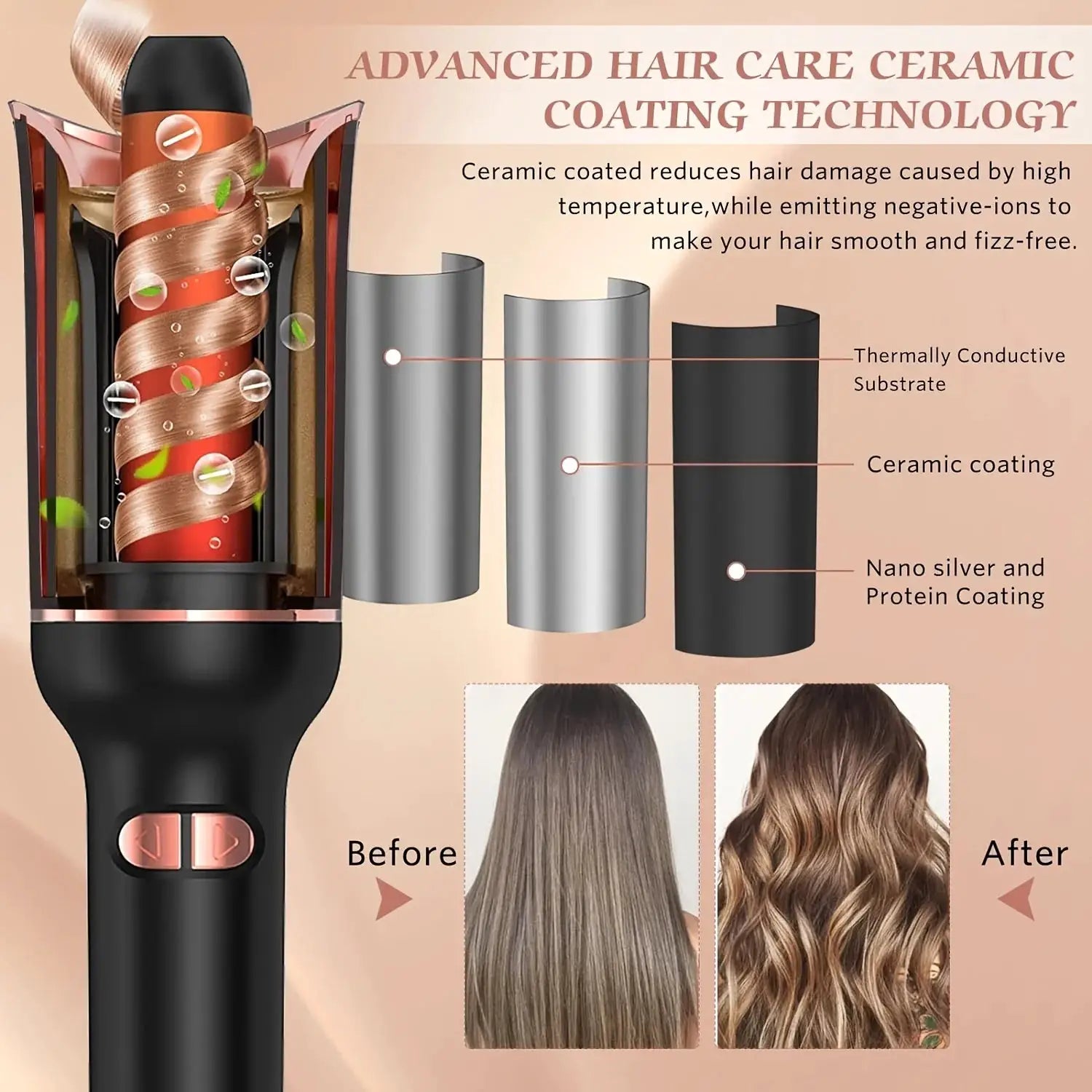 Automatic hair curler with ceramic coating and rotating barrel; black body with copper coil