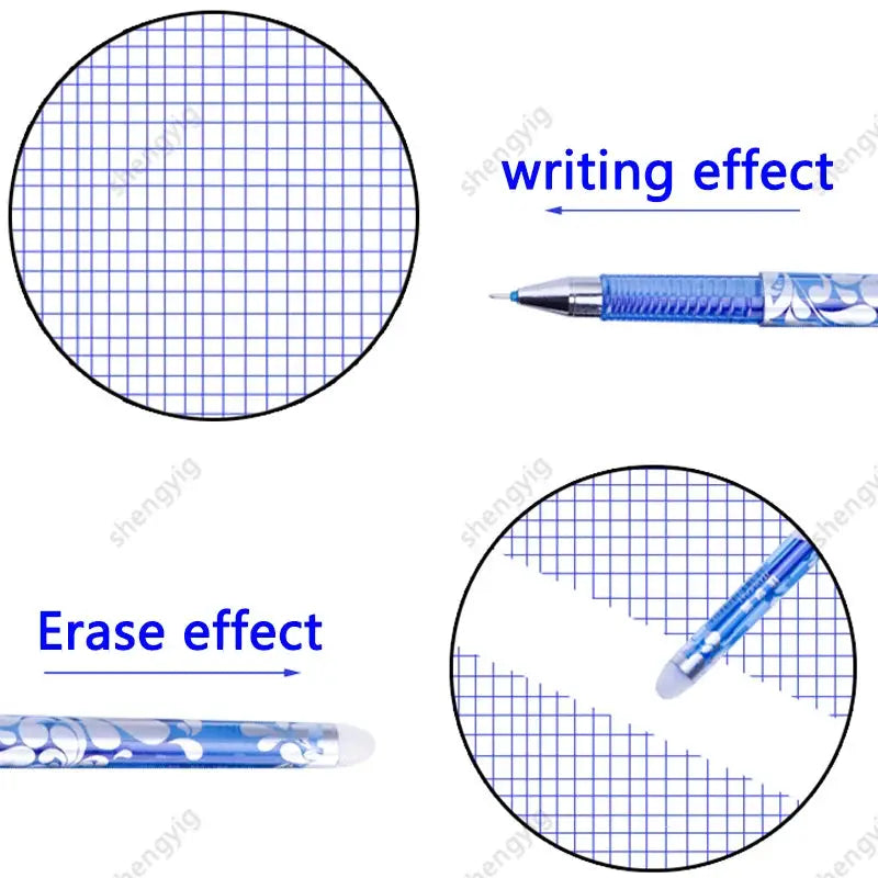Kawaii erasable gel pen set by Simples Market, 100pc, blue ink with eraser, shown with blue grid notebook pattern