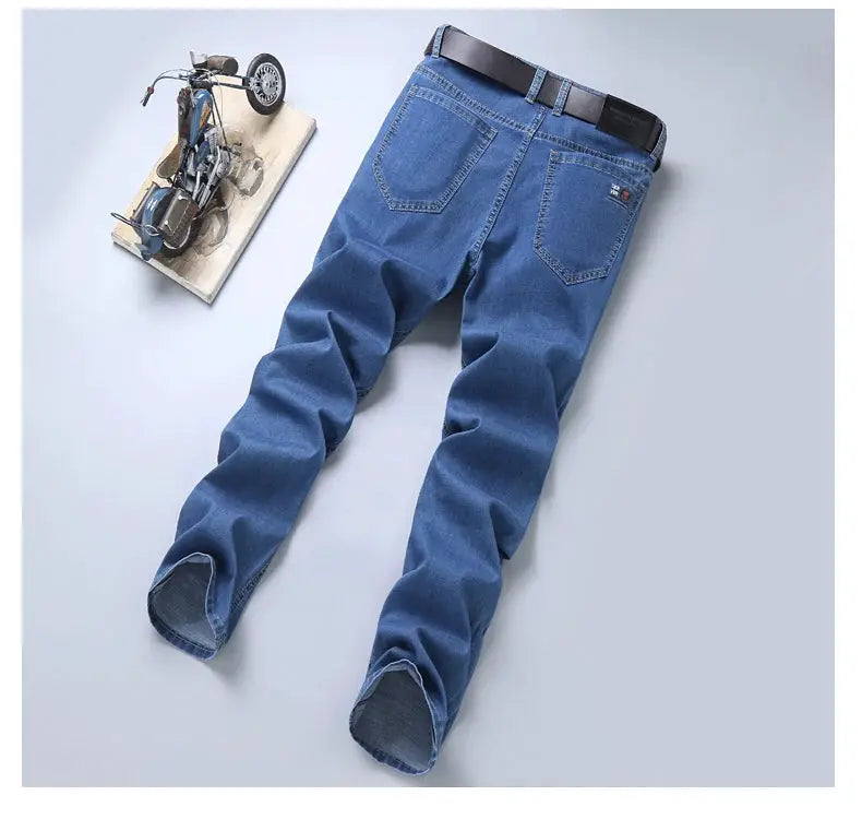Simples Market men's elastic blue denim jeans with belt, straight-leg casual trousers