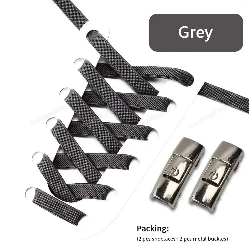 Simples Market grey elastic 8MM widened flat press-lock shoelaces with metal buckles; 2 shoelaces + 2 buckles