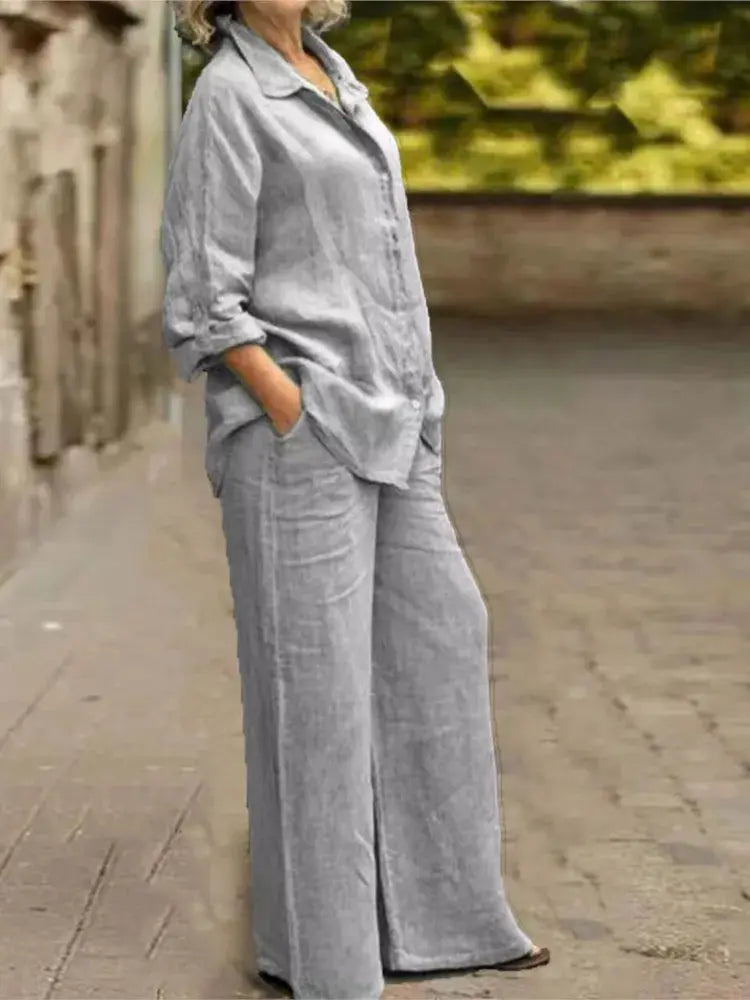 Cotton Linen Shirt Two Piece Set For Women With Wide Leg Trousers