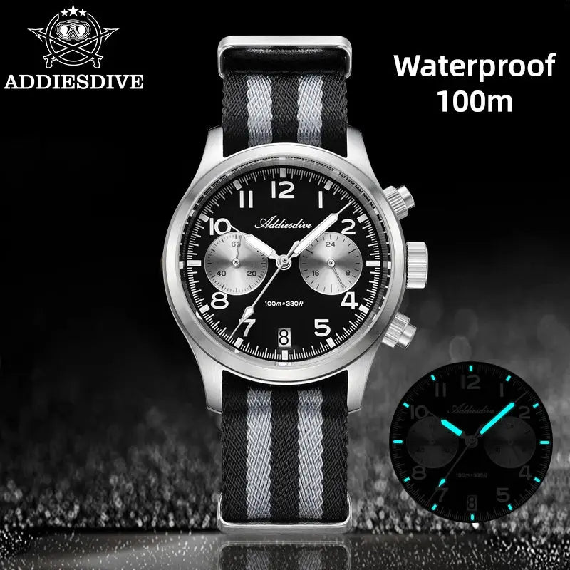 Addiesdive men's chronograph watch, black dial, stainless steel case, striped NATO strap, 100m water resistant