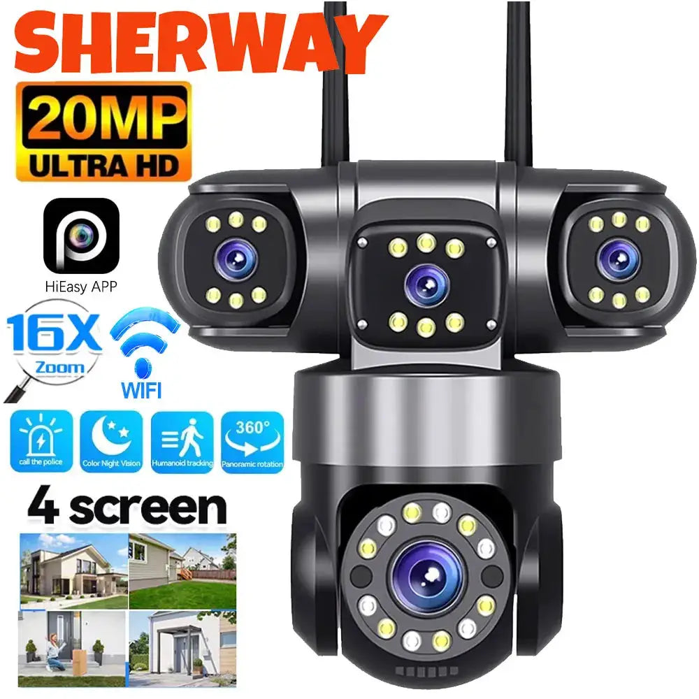 Simples Market outdoor WiFi security camera with 4 lenses, 20MP HD, 360° PTZ, 16x zoom in black/silver