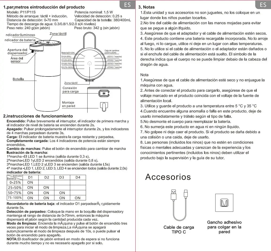 Automatic liquid soap dispenser by Simples Market with infrared sensor and USB rechargeable; instruction diagram
