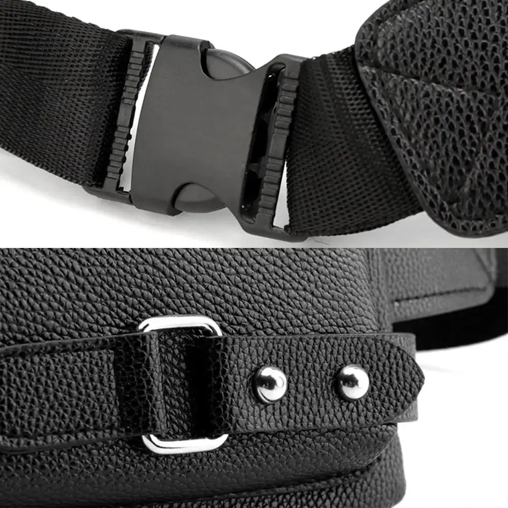 Simples Market black leather waist bag with adjustable strap and metal rivets
