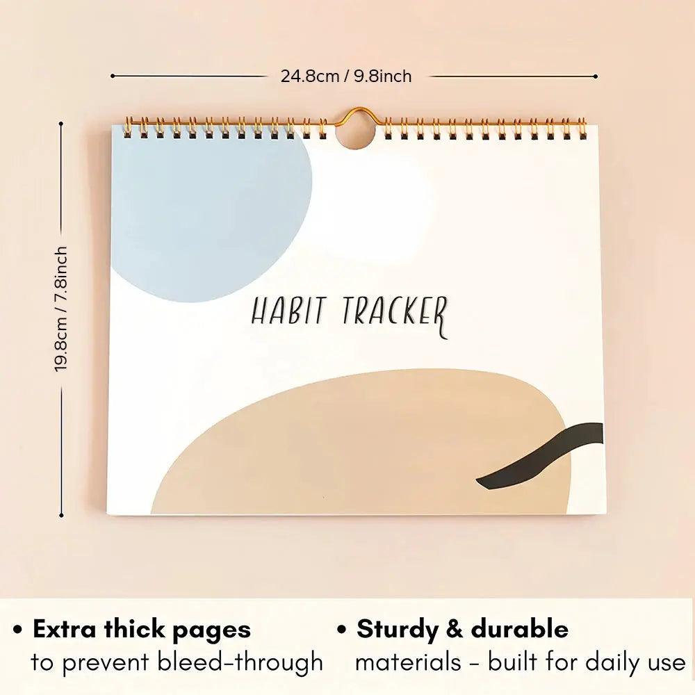 Habit Tracker calendar journal with spiral binding, weekly undated 12-month planner, pastel cover.