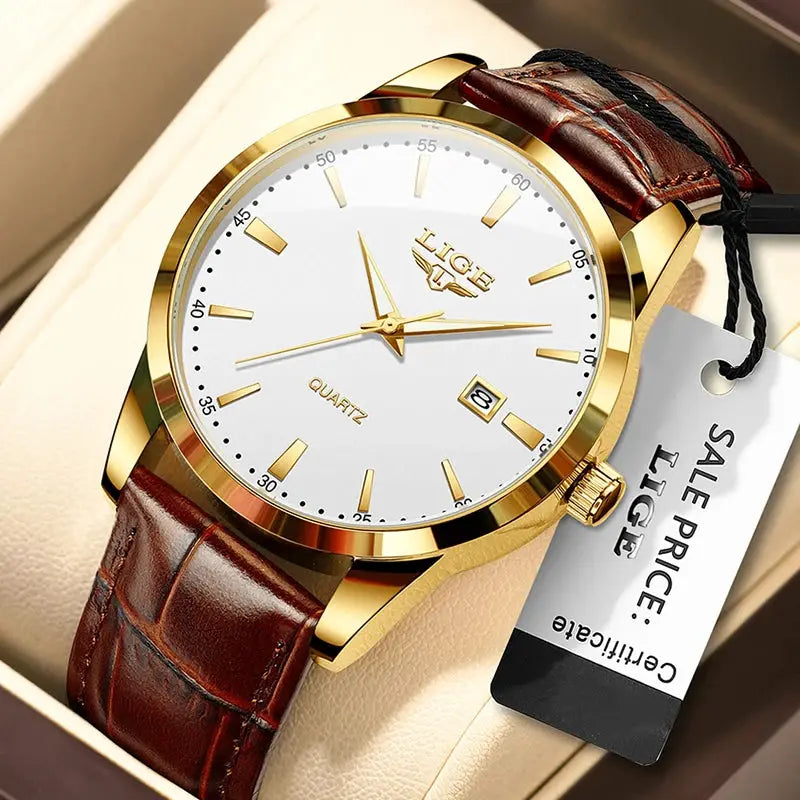 LIGE men's brown leather watch with gold-tone case, white dial, date window, quartz movement