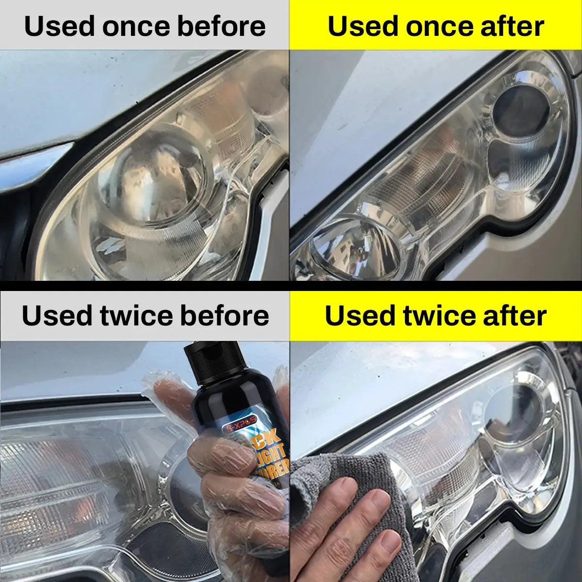 Simples Market LHB-16 headlight restoration polish; dark bottle and cloth shown cleaning oxidized car headlights in before/after collage.