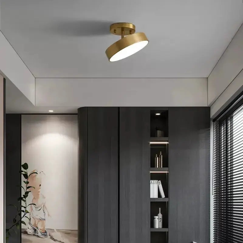 Modern LED ceiling light with copper gold finish, round Nordic-style fixture for bedroom or living room.