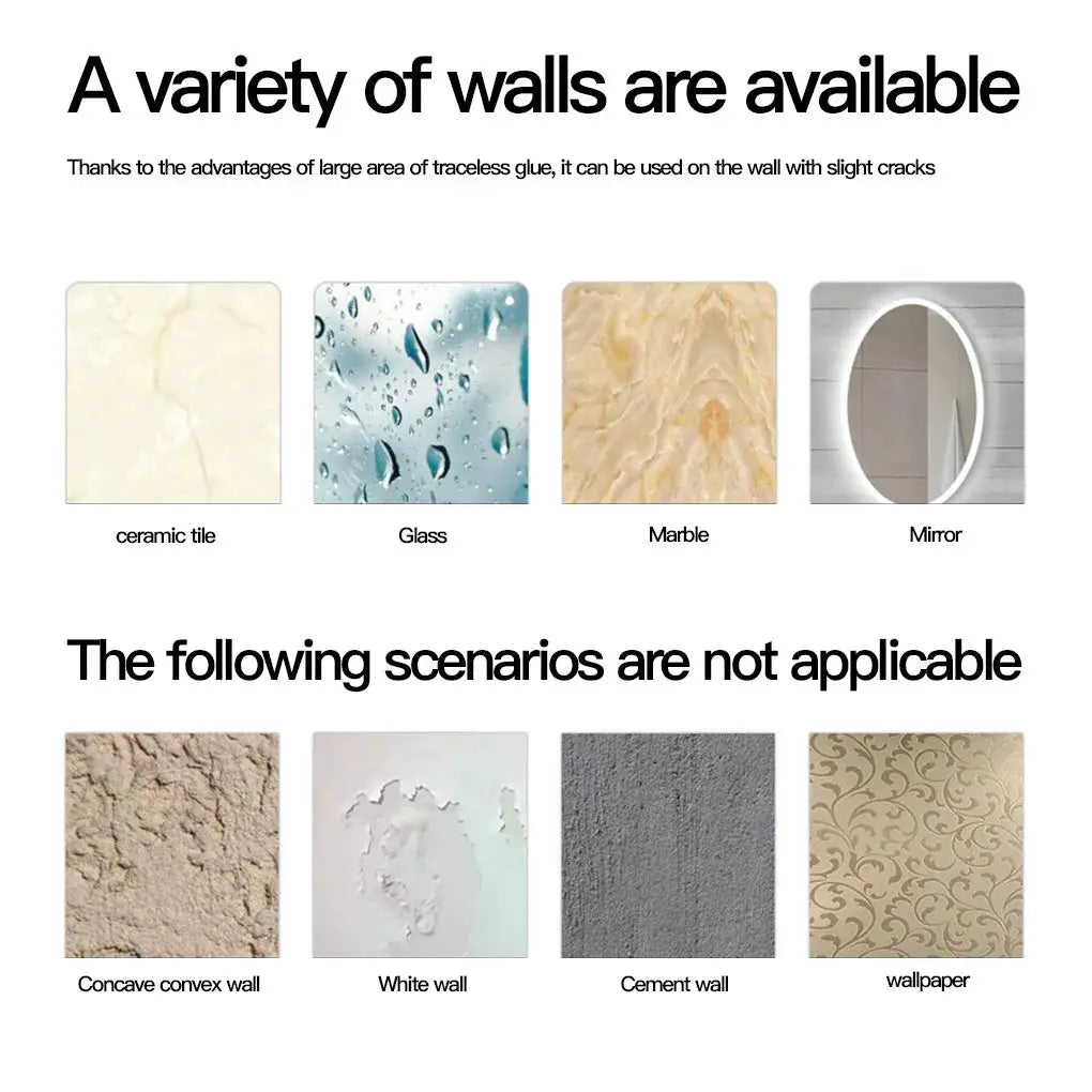 Shower bracket infographic by Simples Market showing 4 wall types: ceramic tile, glass, marble, mirror