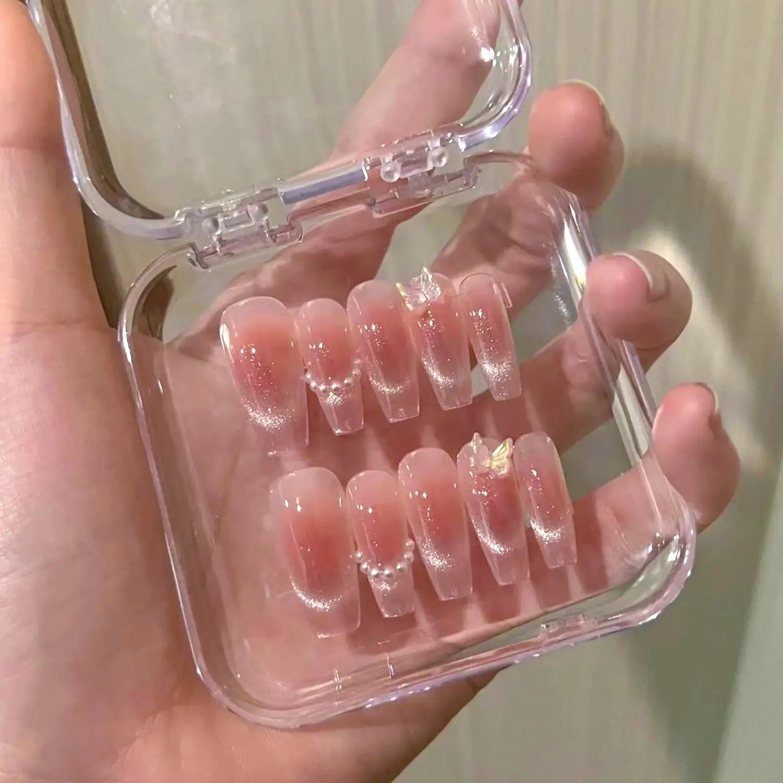 AuroraNails Ten Pieces Pink Butterfly Press On Nails Cat Eyes Blush Handmade DIY False Nails For Weddings And Parties