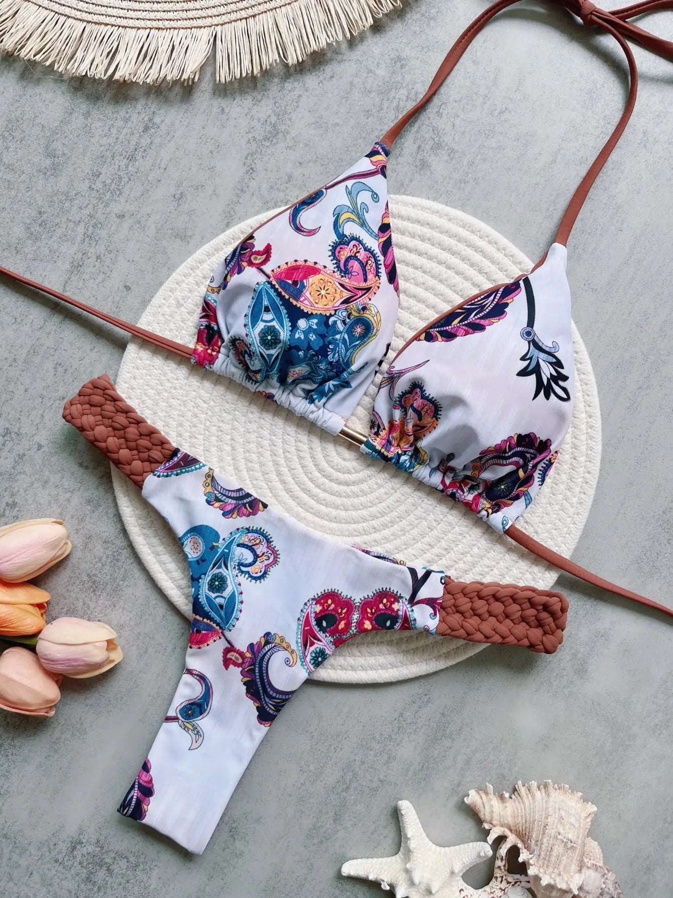 RUOTONSEPT two-piece printed halter bikini set with high-cut thong bottom in light blue multicolor paisley print