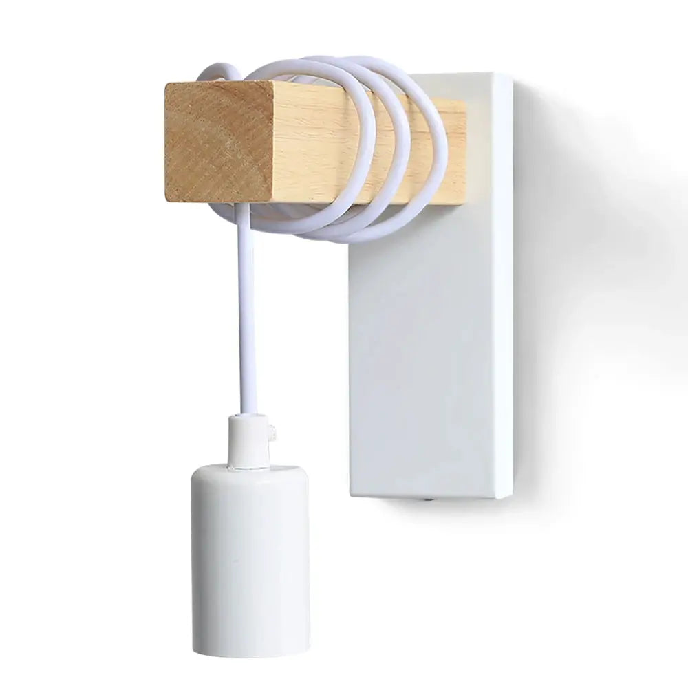 Wall light with switch featuring white backplate, natural wood block, and white cord; retro E27 indoor sconce