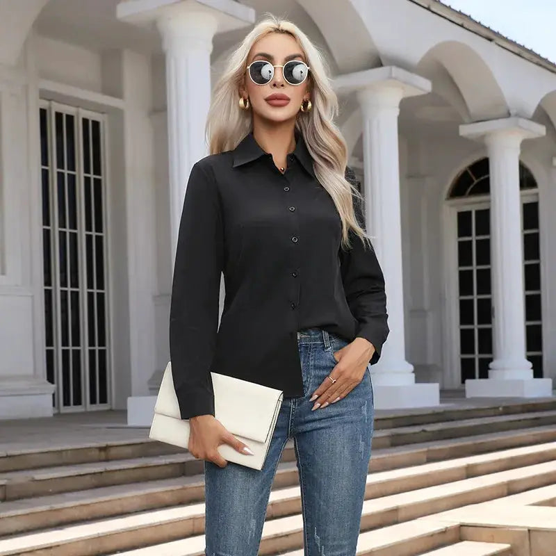 Women’s black chiffon button-down blouse with long sleeves and turn-down collar by Simples Market