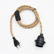 Hemp-cord industrial retro pendant light with black E27 lamp holder, inline switch, and European plug