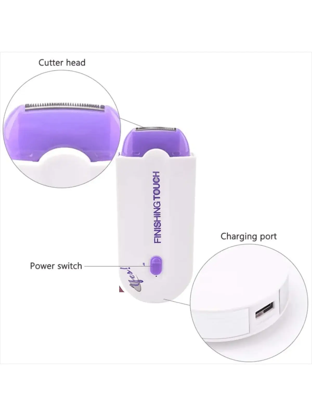 Electric shaver in purple and white with cutter head detail, power switch and charging port
