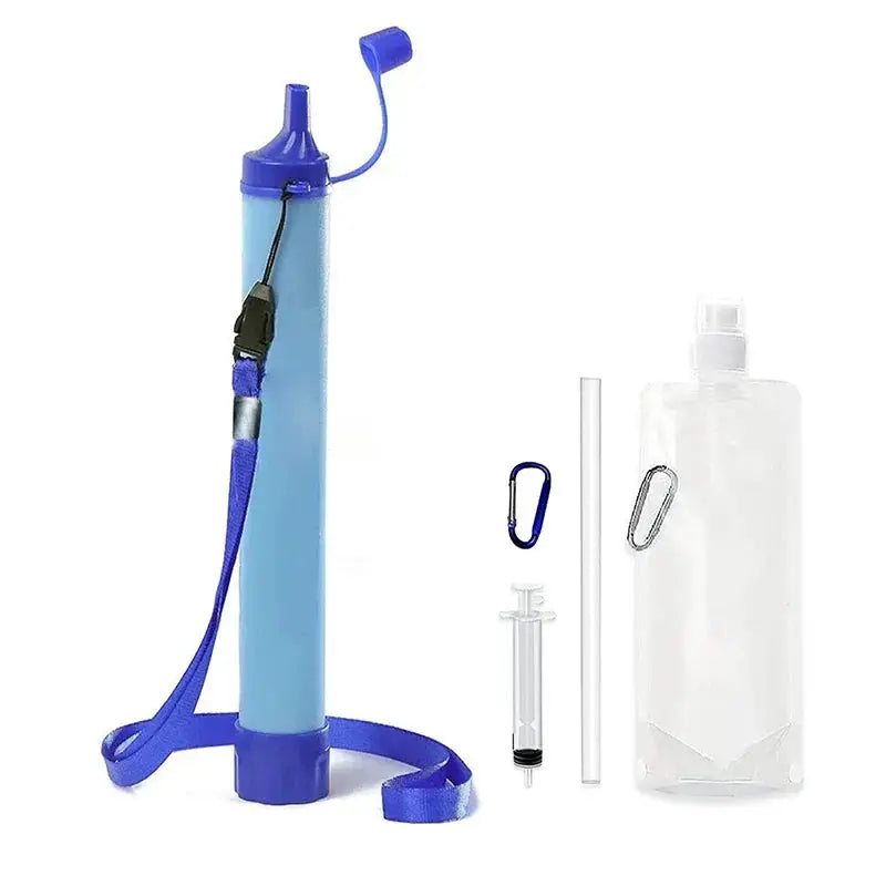 Portable emergency water filter straw by Simples Market, blue survival kit with strap and carabiner.