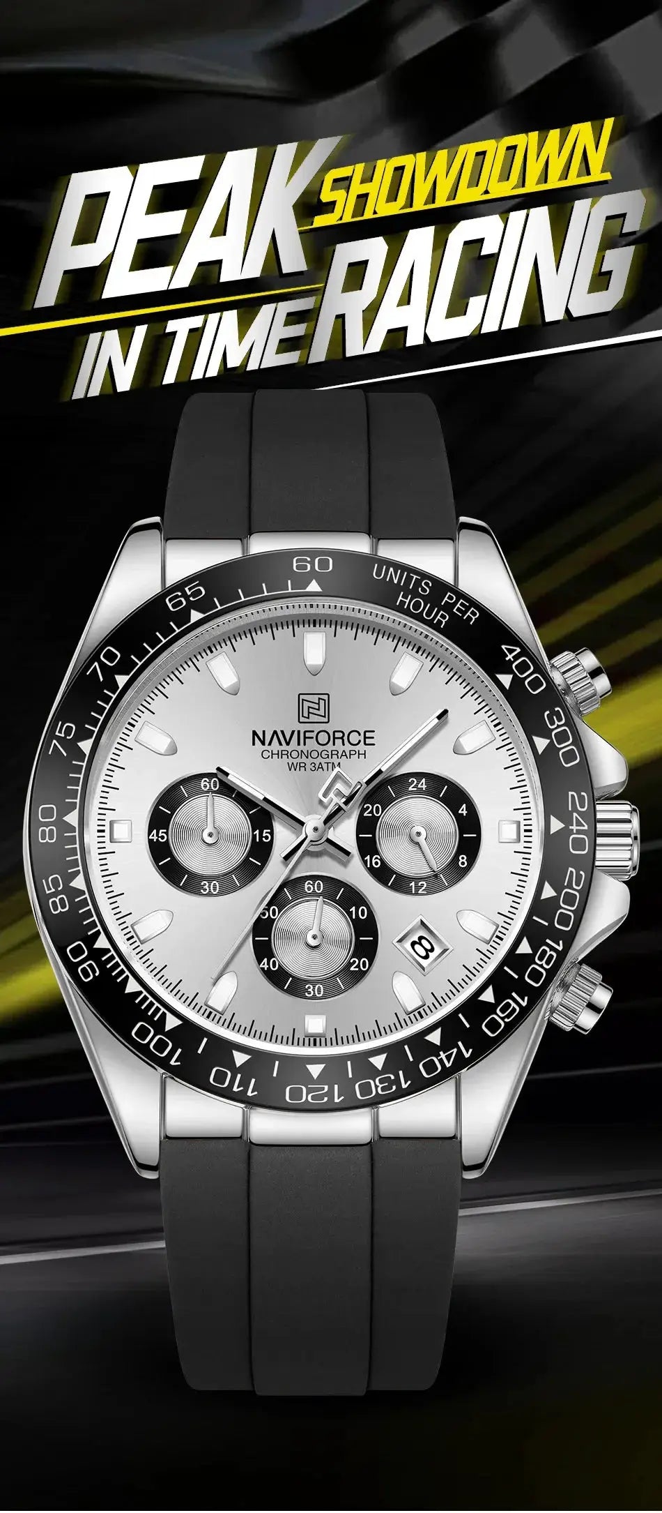 NAVIFORCE NF8054 men's wristwatch with black silicone strap and silver chronograph dial