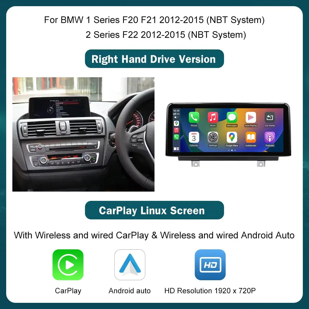 Simples Market BMW CarPlay Android Auto multimedia display screen for F20–F33, right-hand drive, HD 1920x720