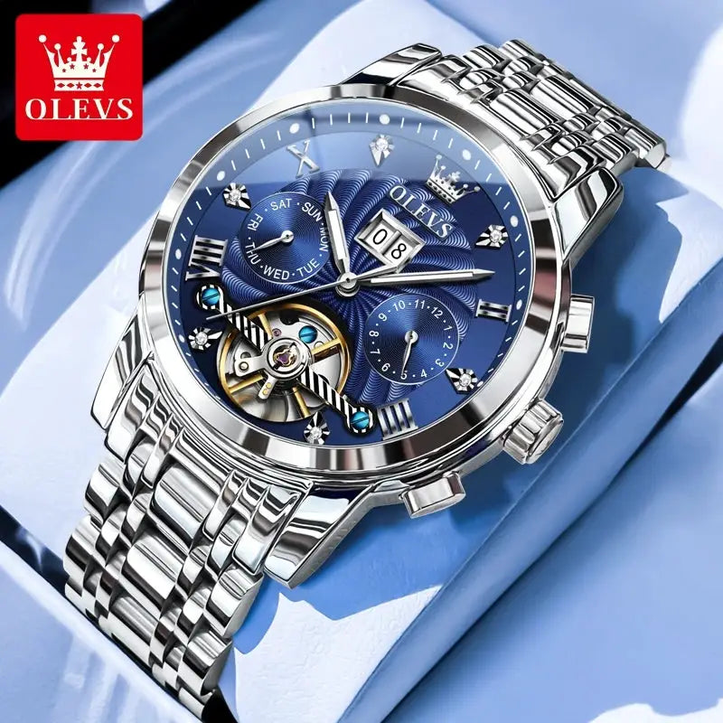 OLEVS 9910 Mens Watch Waterproof Luminous Automatic Mechanical Dual Calendar Date Stainless Steel Band