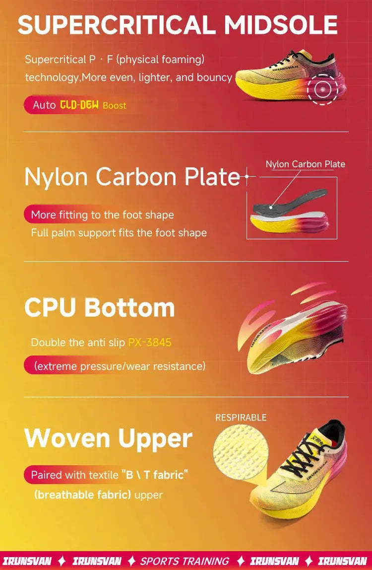 IRUNSVAN Nylon Carbon Plate running shoes with yellow gradient upper and lightweight cushioning