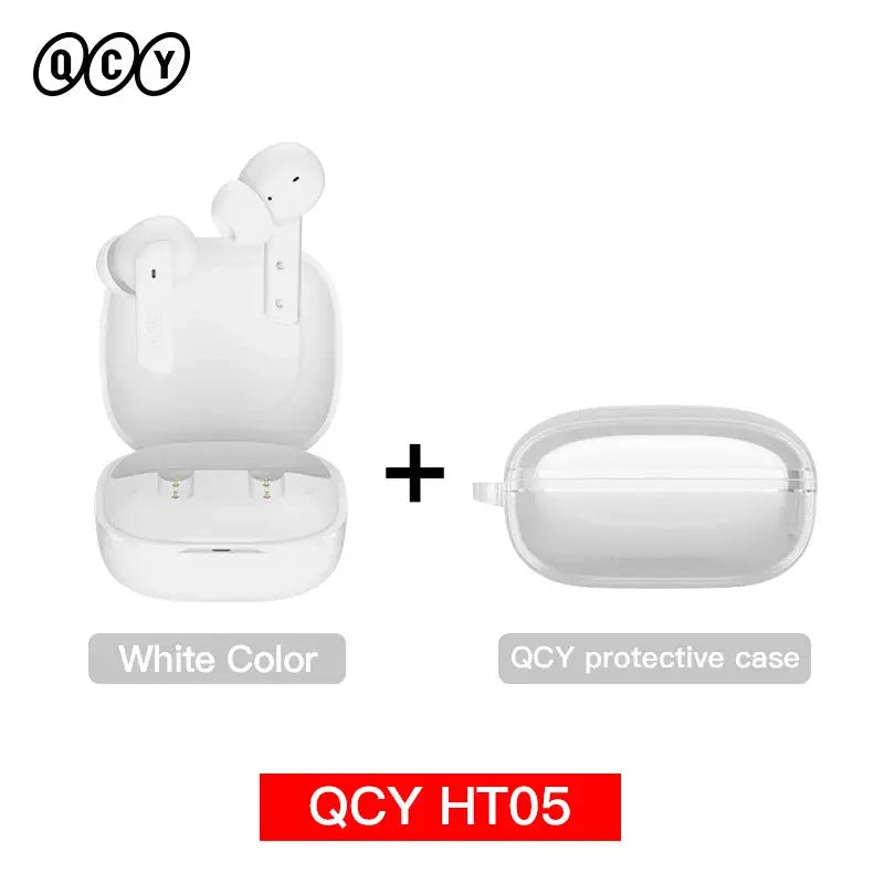 QCY HT05 ANC wireless earphones in white with charging case and protective case