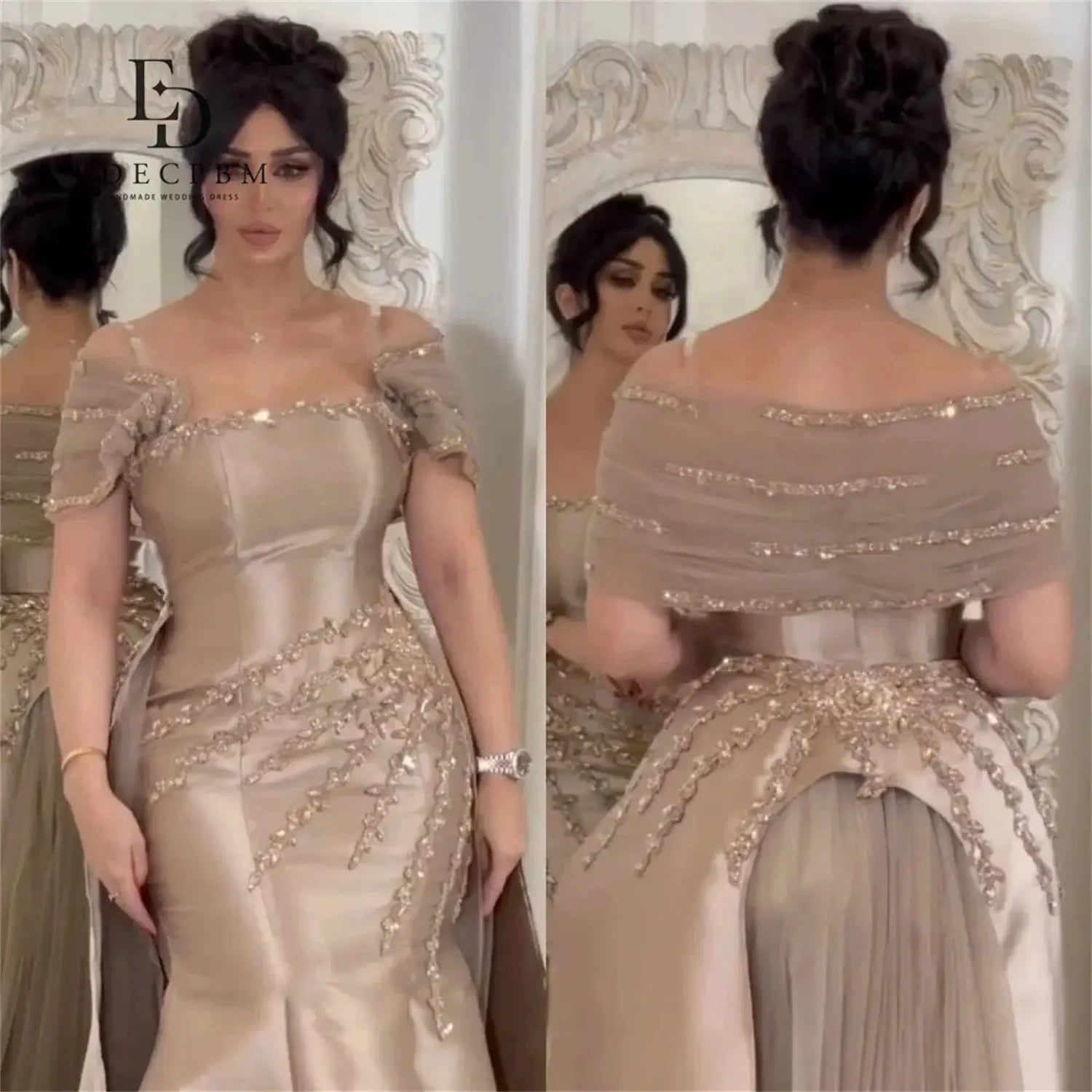 Customized Saudi Champagne Satin Evening Dress With Beading Luxurious