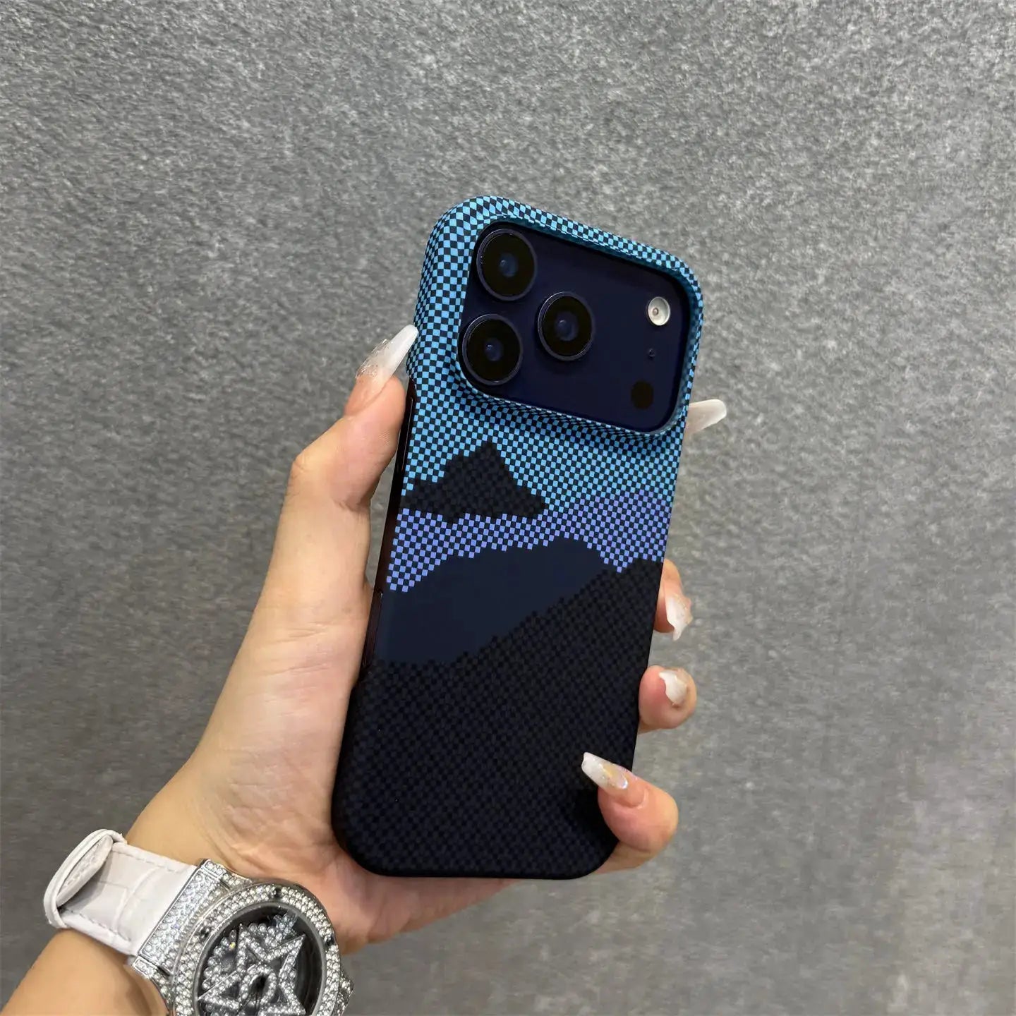 Frameless MagSafe phone case for iPhone with blue and black checkered texture