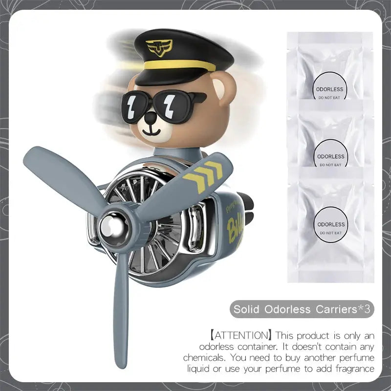 Bear pilot plane design car air freshener with propeller and vent clip; includes 3 odorless carriers