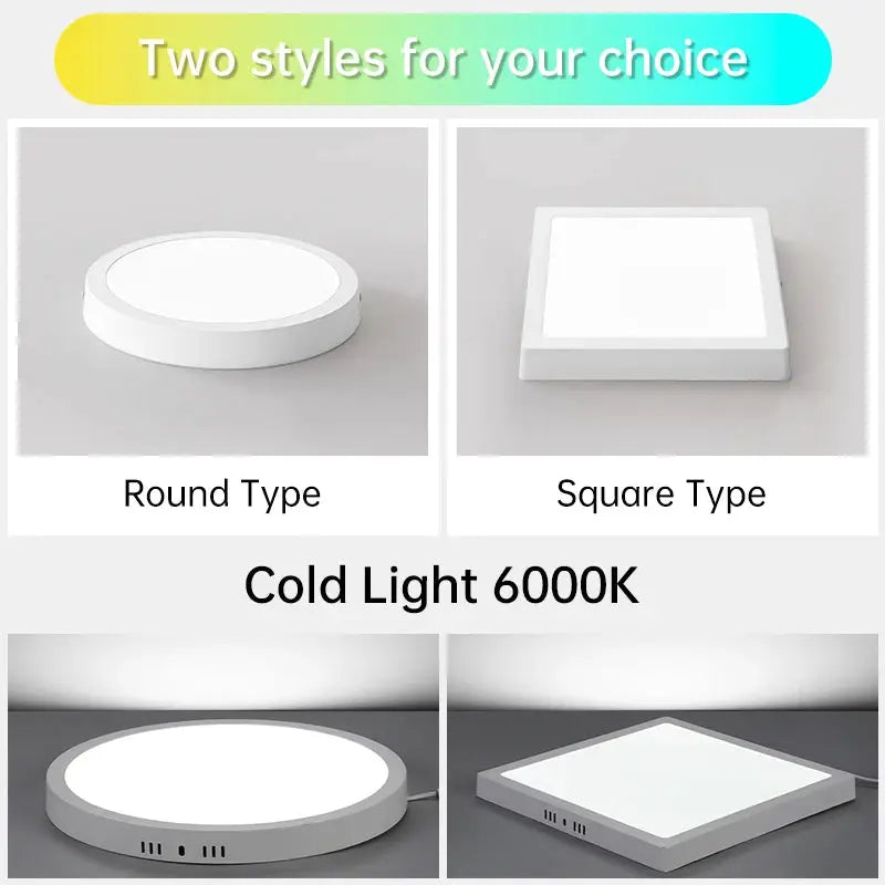 LED ceiling lamp with round and square panels in 6000K cool white light