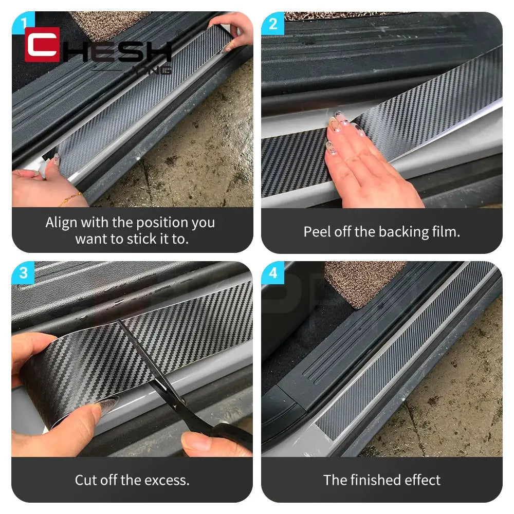 Carbon fiber car wrap film in glossy black for door sill protection; self-adhesive vinyl with step-by-step install