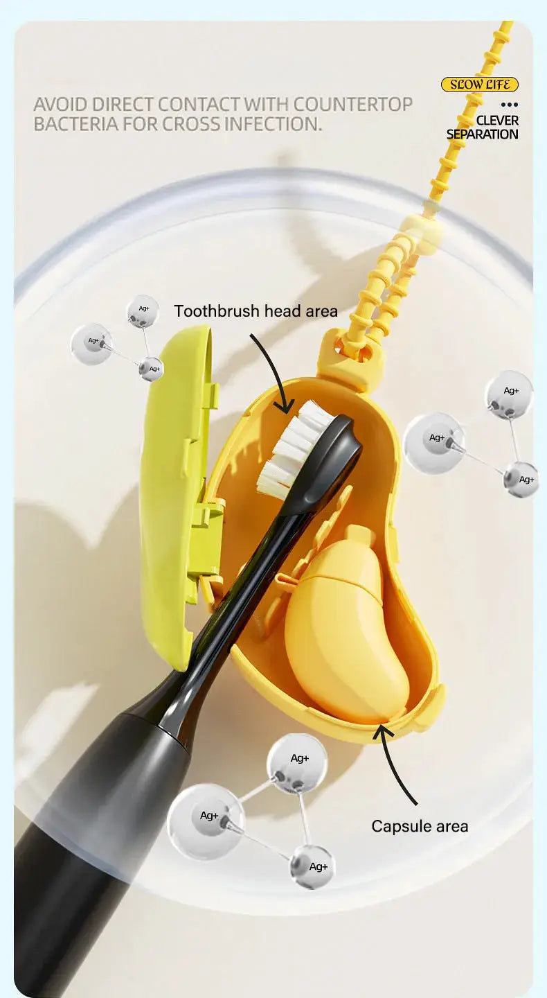 Banana-shaped toothbrush protective cap with toothpaste storage, compact yellow travel case.