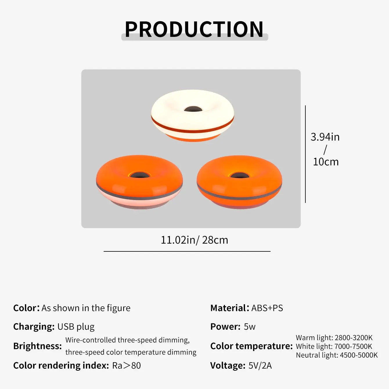Bauhaus donut table lamp USB plug set of 3, Simples Market, orange and white ABS+PS ambient lights